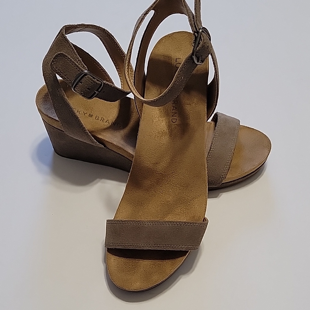 Lucky Brand Taupe Suede Wedge Sandals